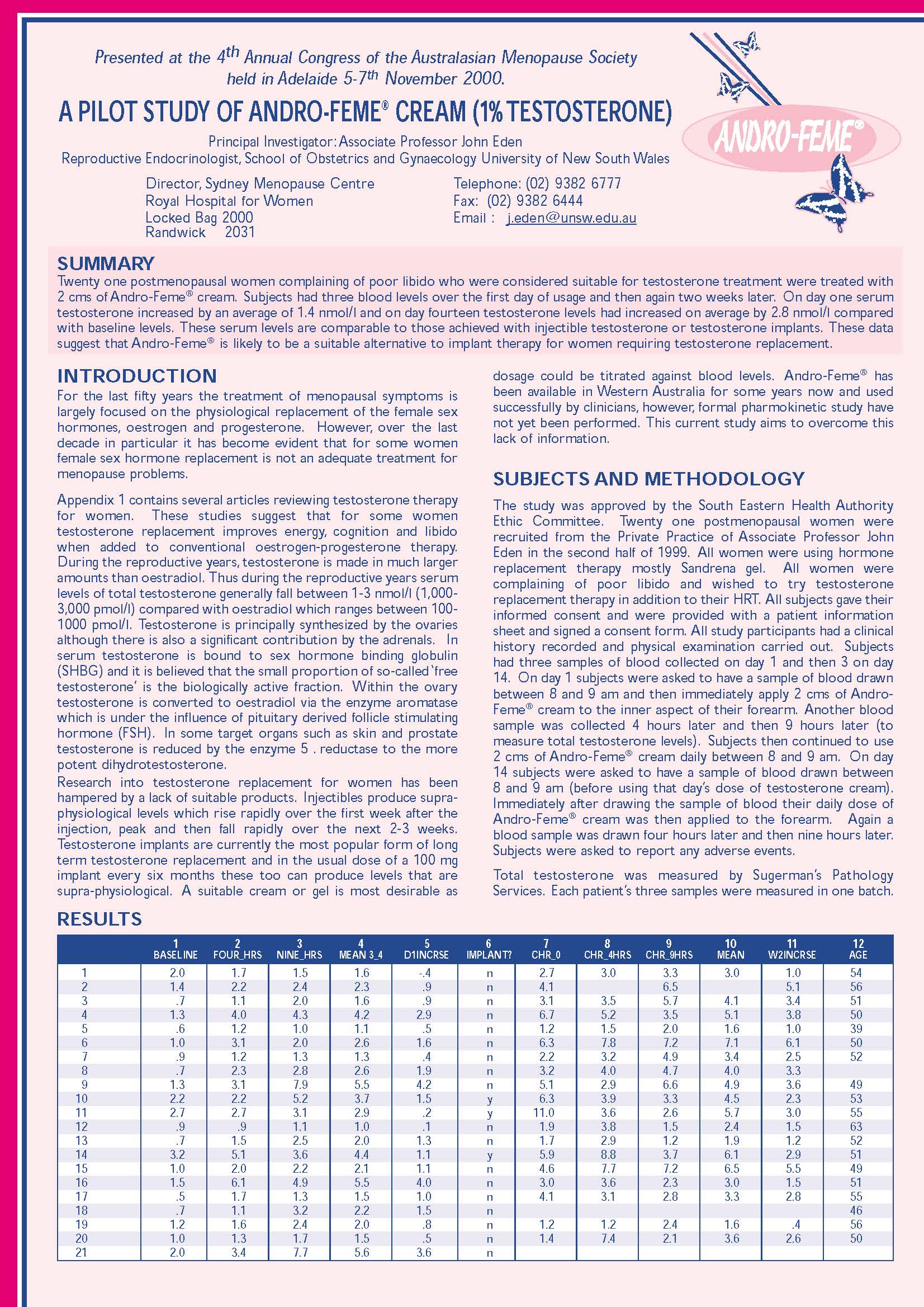 The pharmacokinetics pilot study of ANDRO-FEME® 1% testosterone cream following two-week, once-daily application in testosterone deficient women.