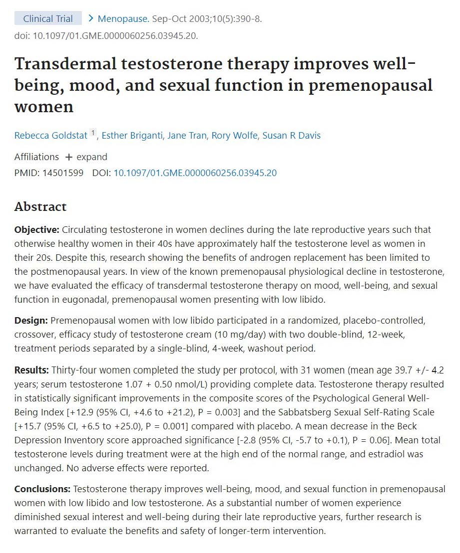 Transdermal testosterone therapy improves well-being, mood, and sexual function in premenopausal women