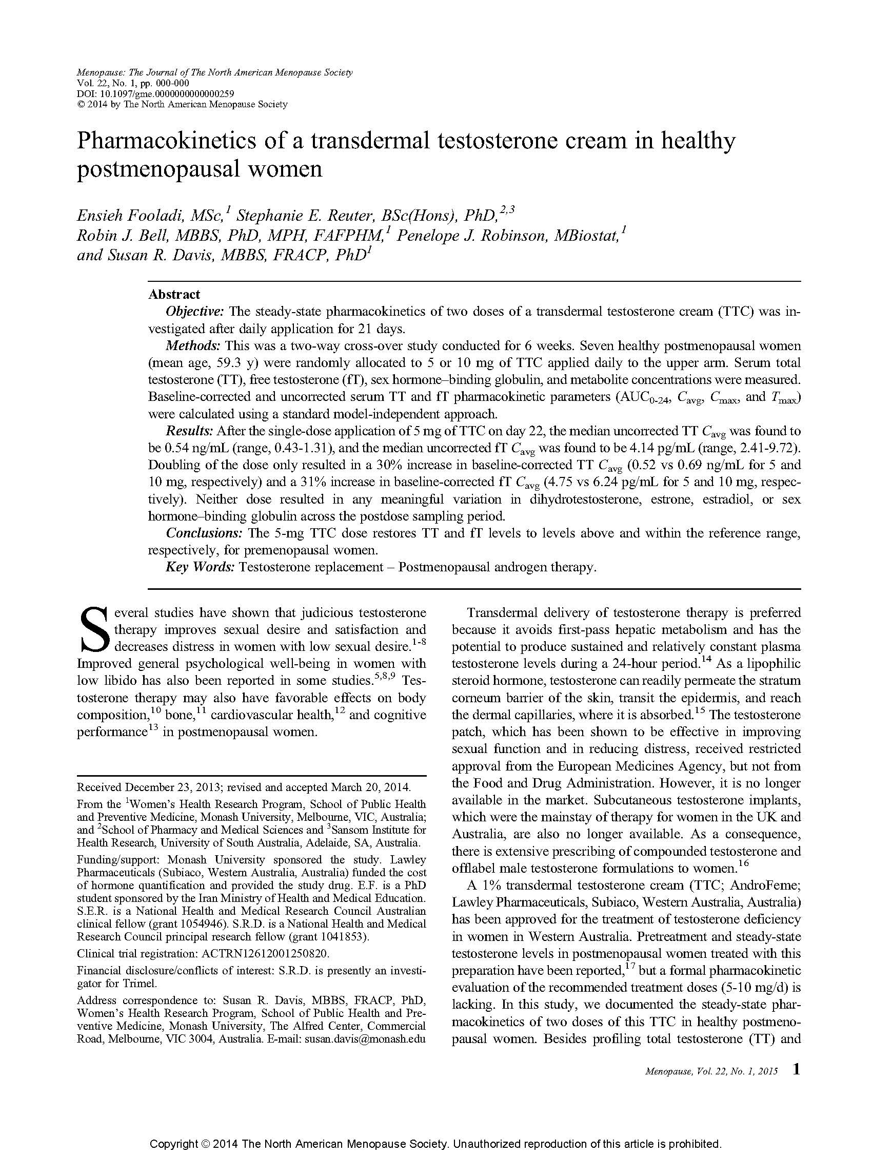 Pharmacokinetics of a transdermal testosterone cream in healthy postmenopausal women