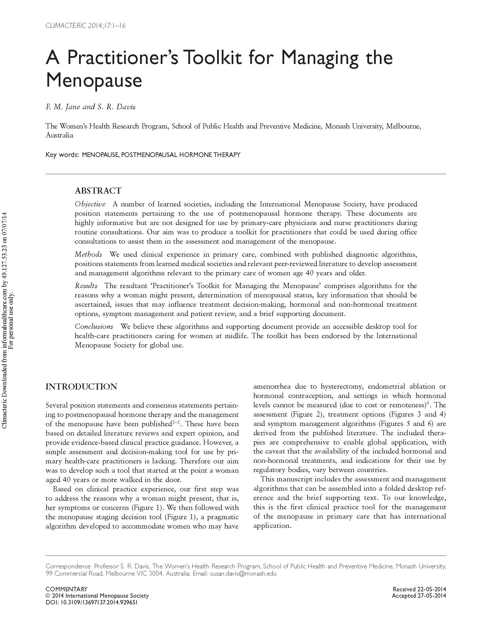 A Practitioner’s Toolkit for Managing the Menopause