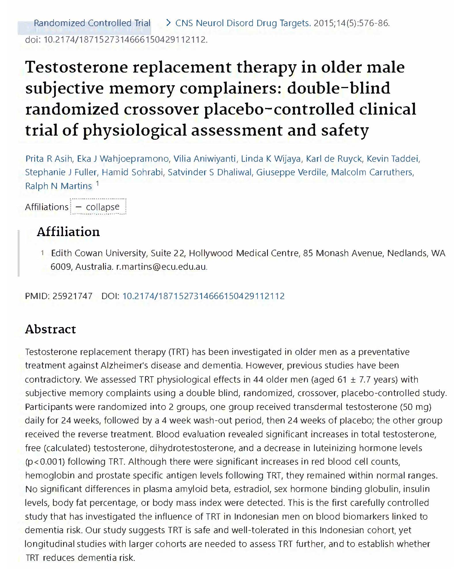 Testosterone replacement therapy in older male subjective memory complainers: double-blind randomized crossover placebo-controlled clinical trial of physiological assessment and safety