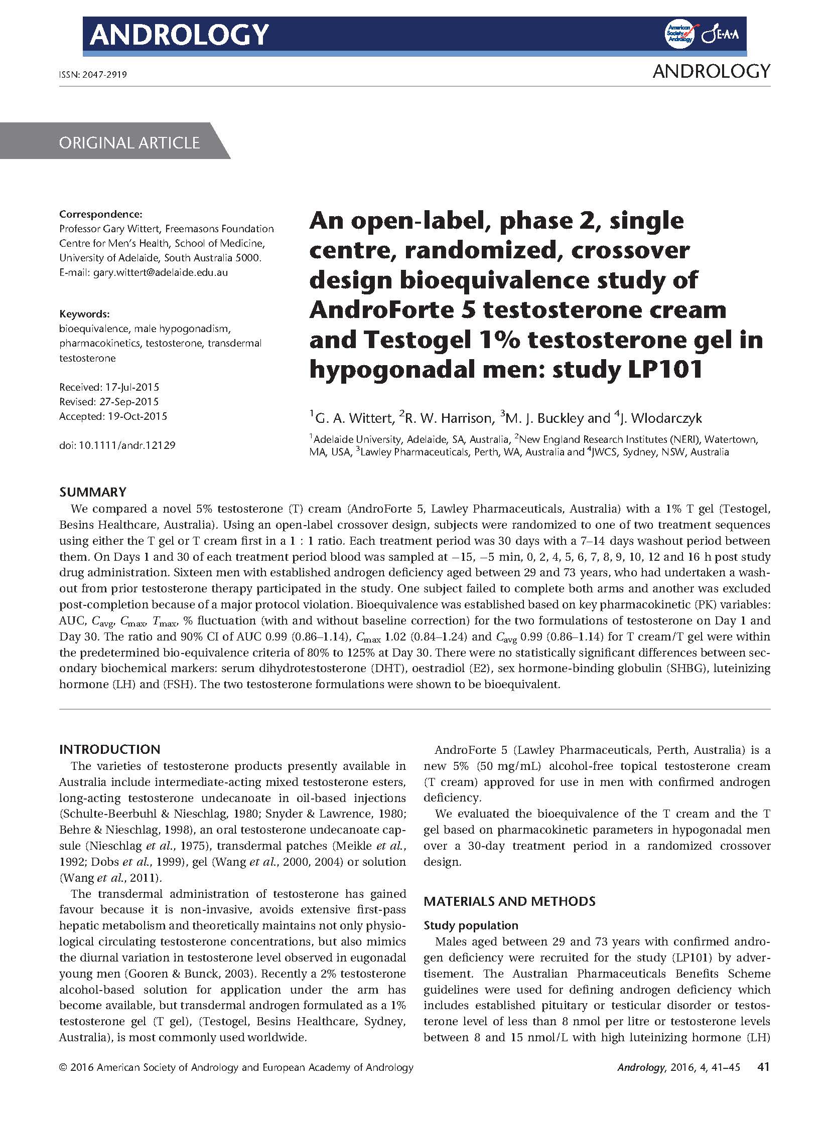 An open-label, phase 2, single centre, randomized, crossover design bioequivalence study of AndroForte 5 testosterone cream and Testogel 1% testosterone gel in hypogonadal men: study LP101