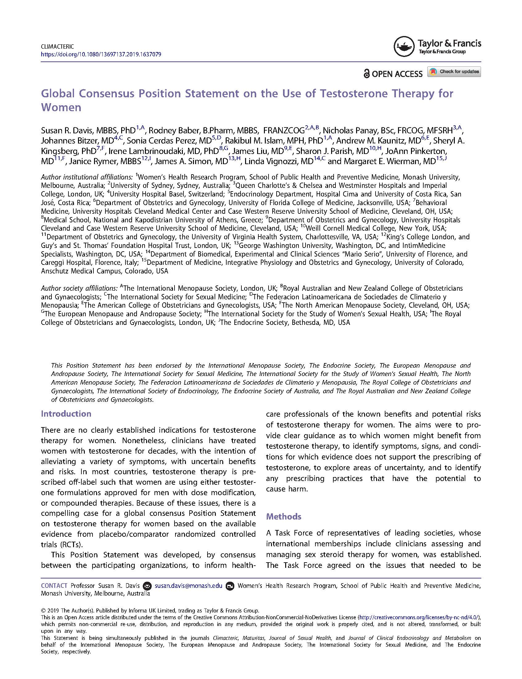 Global Consensus Position Statement on the Use of Testosterone Therapy for Women