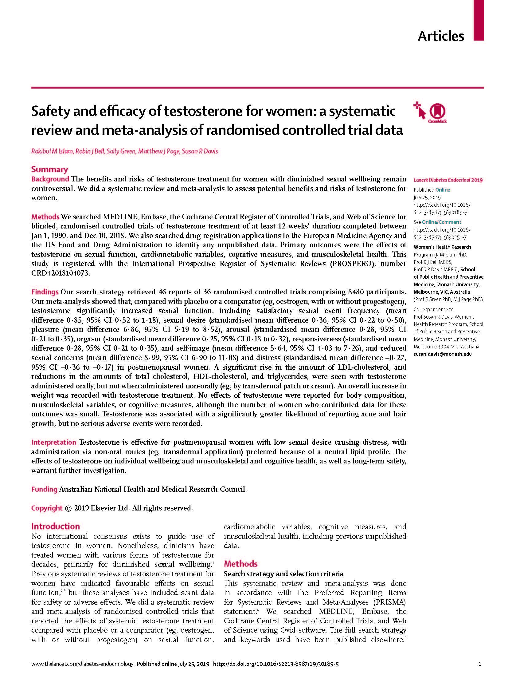 Safety and efficacy of testosterone for women: a systematic review and meta-analysis of randomised controlled trial data
