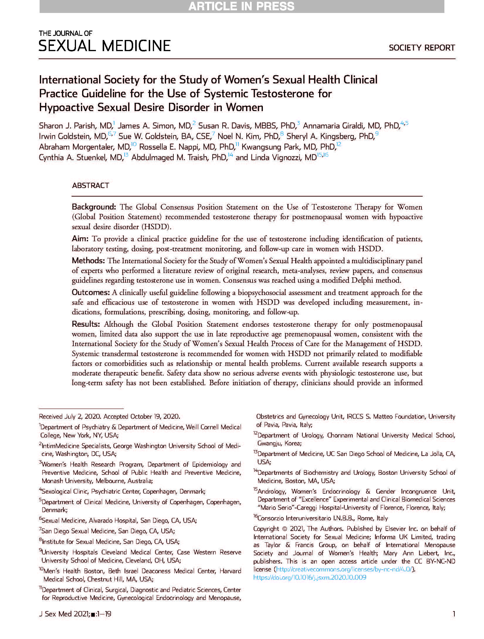 International Society for the Study of Women’s Sexual Health Clinical Practice Guideline for the Use of Systemic Testosterone for Hypoactive Sexual Desire Disorder in Women