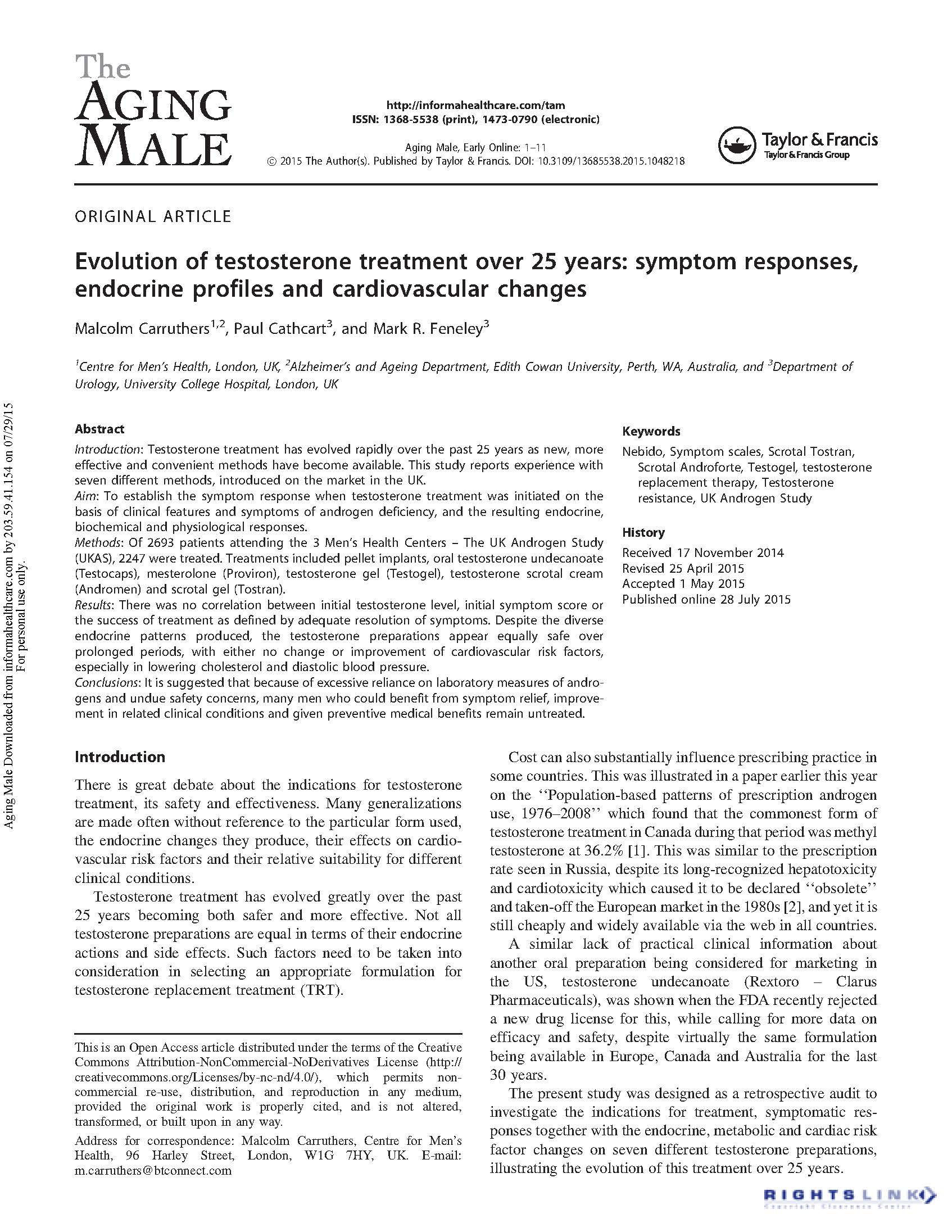 Evolution of testosterone treatment over 25 years: symptom responses, endocrine profiles and cardiovascular changes