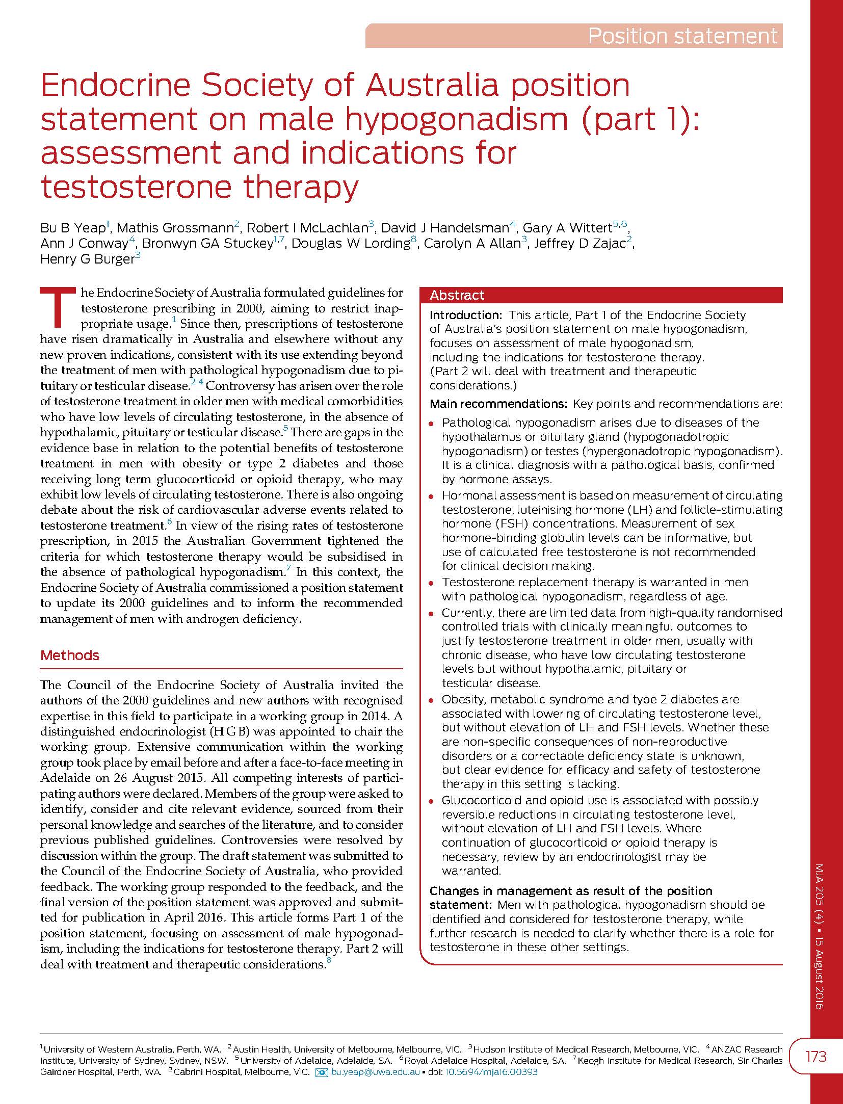 Endocrine Society of Australia position statement on male hypogonadism (part 1): assessment and indications for testosterone therapy