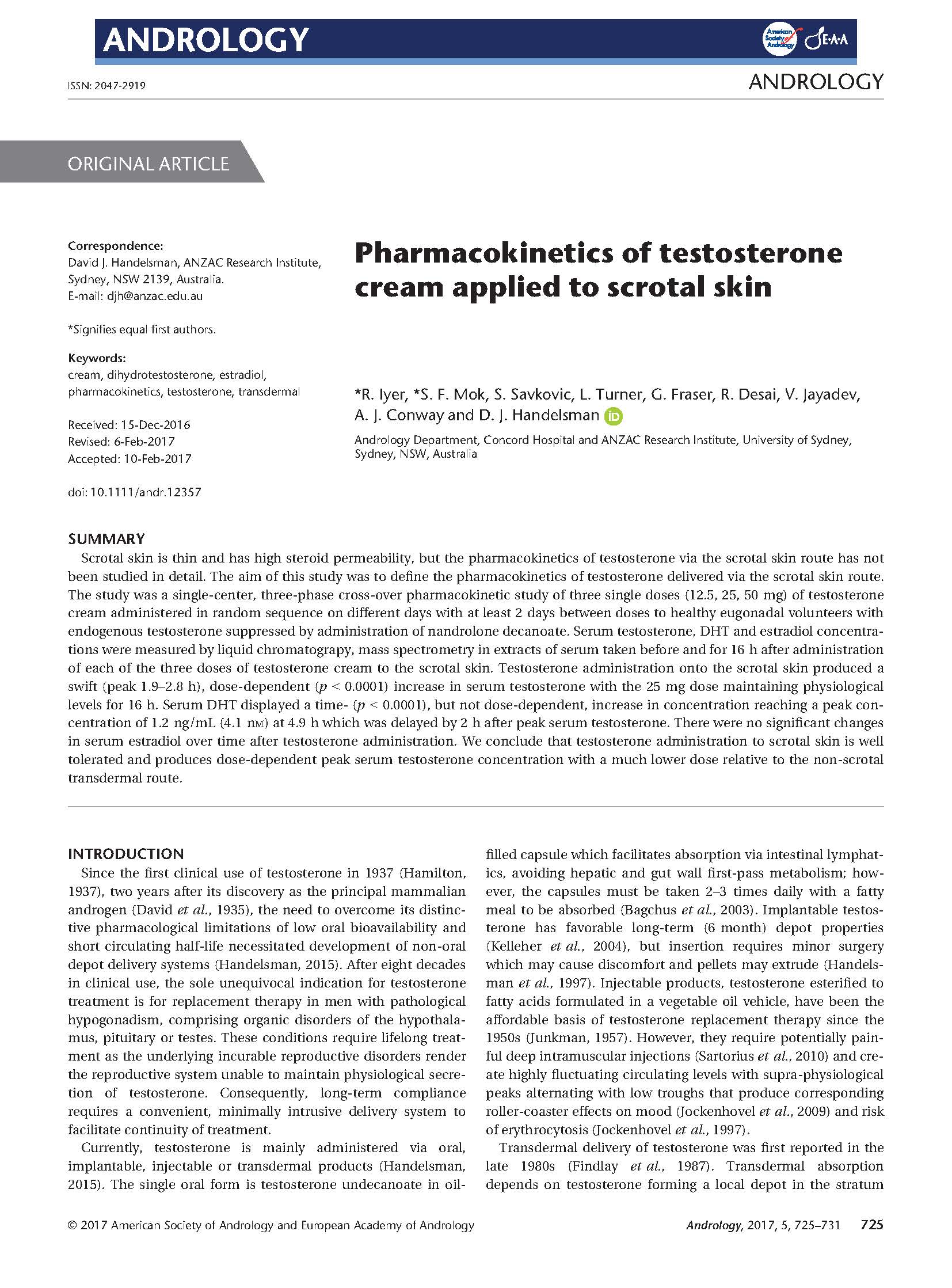 Pharmacokinetics of testosterone cream applied to scrotal skin.