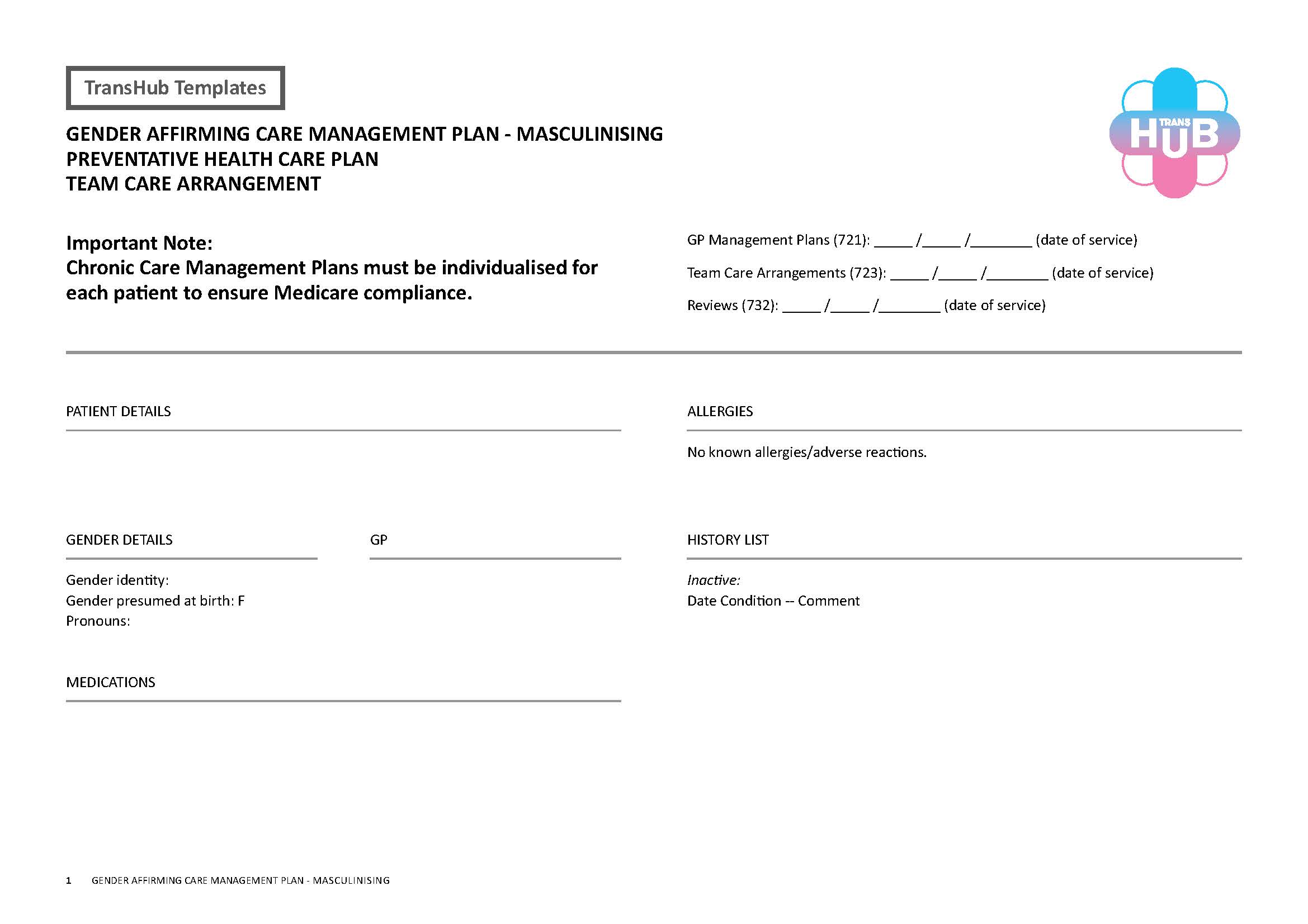 Transhub Template: GENDER AFFIRMING CARE MANAGEMENT PLAN – MASCULINISING PREVENTATIVE HEALTH CARE PLAN TEAM CARE ARRANGEMENT Informed consent: Masculinising hormones – Dr Michelle Guttman-Jones