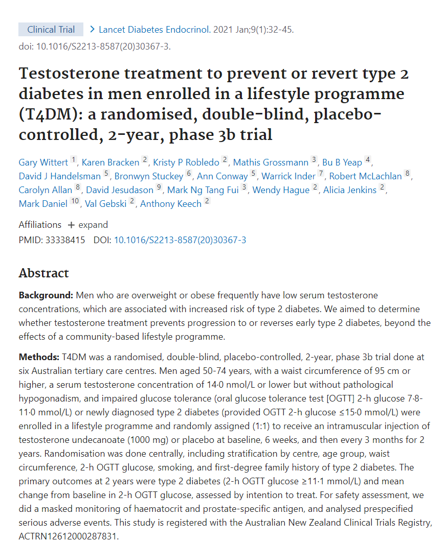 Testosterone treatment to prevent or revert type 2 diabetes in men enrolled in a lifestyle programme (T4DM): a randomised, double-blind, placebo-controlled, 2-year, phase 3b trial