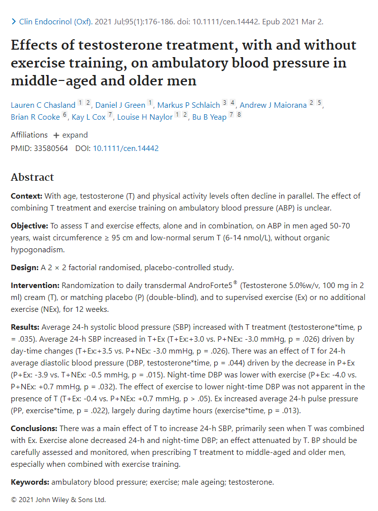 Effects of testosterone treatment, with and without exercise training, on ambulatory blood pressure in middle-aged and older men