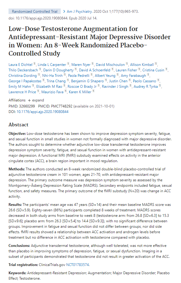 Low-Dose Testosterone Augmentation for Antidepressant-Resistant Major Depressive Disorder in Women: An 8-Week Randomized Placebo-Controlled Study