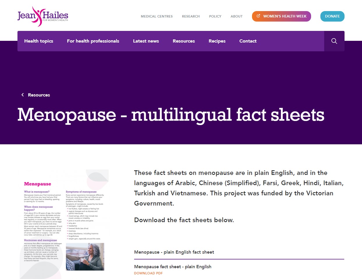 Jean Hailes - Menopause Mulitlingual Fact Sheets thumbnail