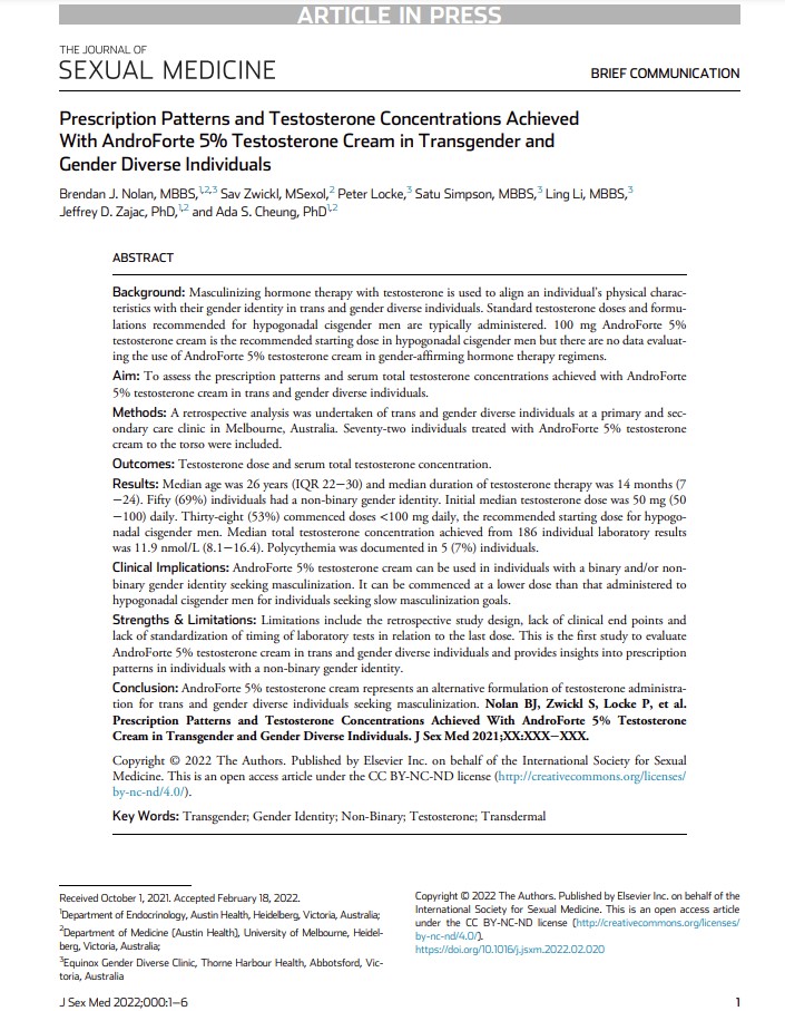 Prescription Patterns and Testosterone Concentrations Achieved With AndroForte 5% Testosterone Cream in Transgender and Gender Diverse Individuals