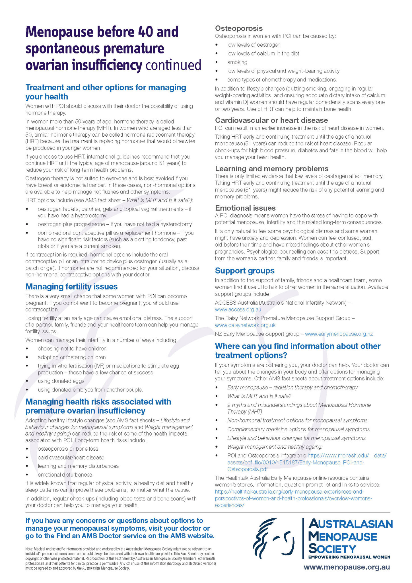 AMS Fact Sheet Menopause before 40 and spontaneous premature ovarian