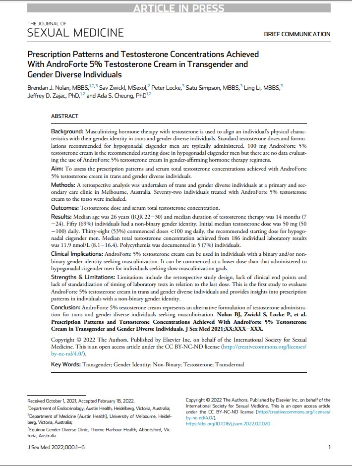 Prescription Patterns and Testosterone Concentrations Achieved With AndroForte 5% Testosterone Cream in Transgender and Gender Diverse Individuals