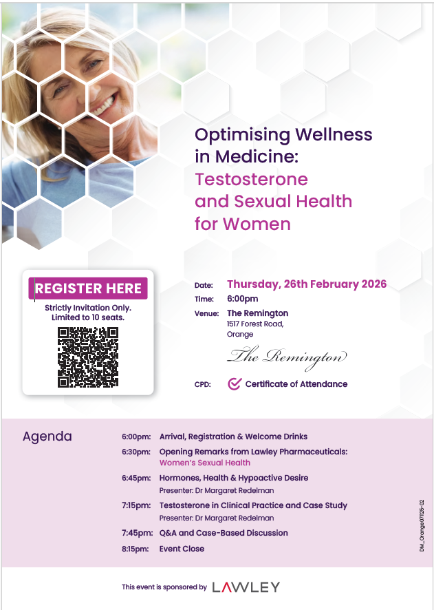 Orange NSW: Dinner Meeting 26th February – Optimising Wellness in Medicine: Testosterone & Sexual Health for Women thumbnail